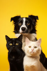 One white cat, one black cat and one black and white dog. Group portrait of pets on a yellow background.     