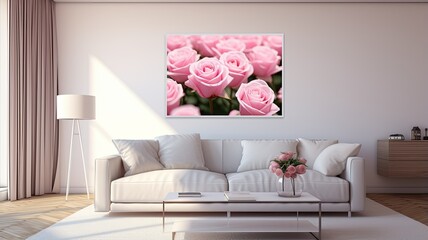 the soft silk background adorned with a bouquet of pink roses, with ample space for text. The minimalist style emphasizes the subtle beauty of the floral arrangement.