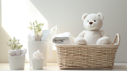 a knitted basket filled with gentle baby cosmetics, bath accessories, and a cuddly teddy bear, all neatly arranged on a white table set against a soothing beige background.