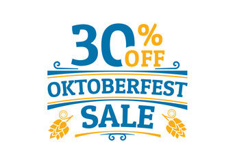 Oktoberfest sale icon, logo or label. 30% price off sign. Beer festival promotion emblem, banner or poster design element. Vector illustration.