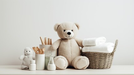 a knitted basket filled with gentle baby cosmetics, bath accessories, and a cuddly teddy bear, all neatly arranged on a white table set against a soothing beige background.
