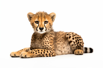 a cheetah laying down on a white surface