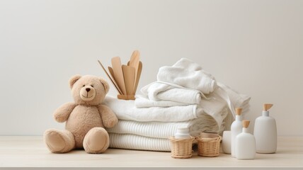 a knitted basket filled with gentle baby cosmetics, bath accessories, and a cuddly teddy bear, all neatly arranged on a white table set against a soothing beige background.