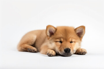 Fototapeta premium a small brown dog laying down on a white surface