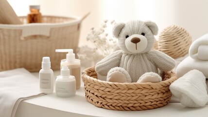 a knitted basket filled with gentle baby cosmetics, bath accessories, and a cuddly teddy bear, all neatly arranged on a white table set against a soothing beige background.
