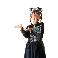 Happy asian little girl wear Halloween costume and Hand open and ready presentation to the side , isolated on white and transparent background