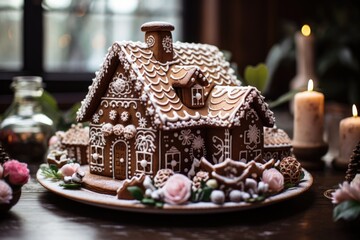 Obraz na płótnie Canvas Little gingerbread house with glaze standing on table with tablecloth and decorations, AI Generated