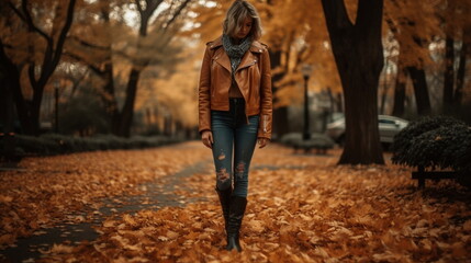 Fototapeta premium Woman walking in the park in autumn