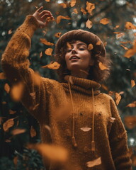 Portrait of a woman wearing autumn clothes and playing with leaf