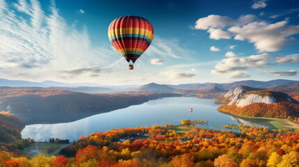 Hot air balloon over the river in sunset in autumn
