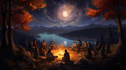 Gathering of friends around a campfire on a full moon night by a lake 