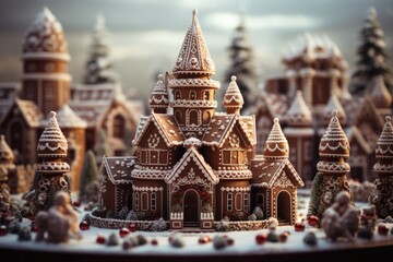 Little gingerbread house with glaze standing on table with tablecloth and decorations, AI Generated