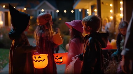 Children in costumes playing trick-or-treaters in a suburban neighborhood