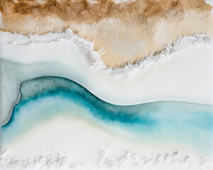 Abstract watercolor blue ocean, sand beach and sea foam for textures. Fresh, cheerful and relaxing summer concept. Positive and healthy tones to background or wallpaper. Generative Ai - 645242086