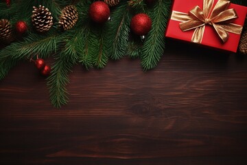 Fototapeta na wymiar Christmas background with fir tree branches and gift box on dark wooden table.Generative Ai