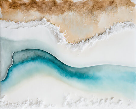 Abstract watercolor blue ocean, sand beach and sea foam for textures. Fresh, cheerful and relaxing summer concept. Positive and healthy tones to background or wallpaper. Generative Ai