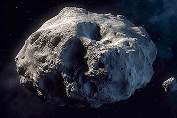 Large asteroid with craters against background of blue space. - Powered by Adobe
