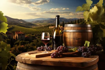 Deurstickers Glass of fresh chilled ice red or rose wine with grapes, bottle and barrel on a sunny background. Italy vineyard on sunset. Drink for party, wine shop or wine tasting concept with copy © ratatosk