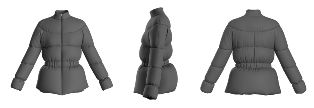 Blank template down jacket with zipped, front and back view. Isolated. Mockup winter jacket