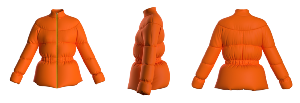 Blank template down jacket with zipped, front and back view. Isolated. Mockup winter jacket