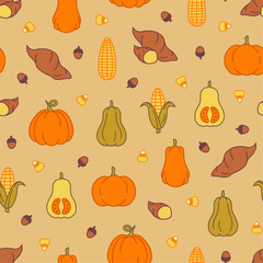 Thanksgiving autumn harvest seamless pattern with pumpkin, yam, squash and corn