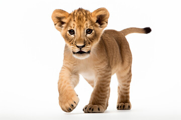 a small lion cub walking across a white surface