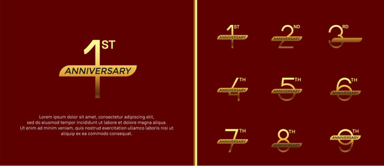 set of anniversary logo gold color and golden ribbon on red background for celebration moment