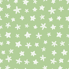 Green seamless pattern with white starfish