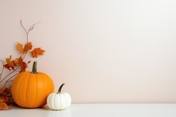 White and orange pumpkins and dry maple red leaves on white background. Holiday decoration, festive autumn decor. Concept of Thanksgiving day or Halloween. Autumn composition with copy space