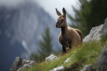 A goat standing on a grassy hillside