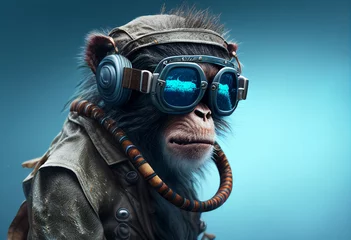 Fotobehang Scooter Funny monkey dressed as aviator with helmet and goggles on the road generative ai
