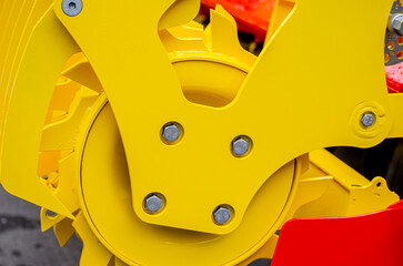 Hinged equipment for tractor demonstration close up. Industrial agrarian machine