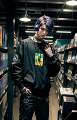 Naklejka premium an asian man in a black parachute jacket posing very manly in a book store