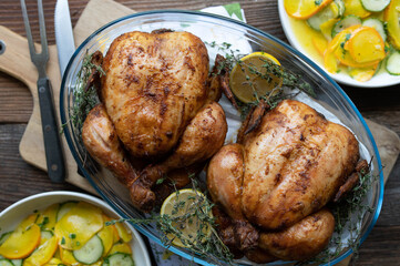 Roast chicken with herbs and lemon. Served with a fresh salad. 