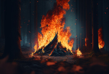 Big bonfire in the dark forest. 3d render illustration. generative ai