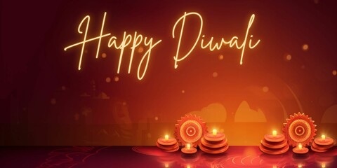 Naklejka premium Gradient background for Diwali celebration illustration of burning diya Happy Diwali Holiday background Banner 