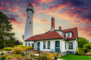 Wind Point Lighthouse near Michigan Lake in Wisconsin 