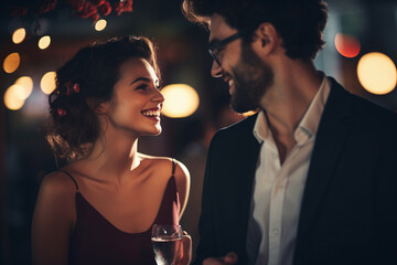 A romantic elegant couple in love wearing dark suit and red dress, smiling, and looking to each other at night in a restaurant bar or club, drinking and toasting, with blurred lights in the background