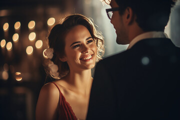 A romantic elegant couple in love wearing dark suit and red dress, smiling, and looking to each other at night in a restaurant bar or club, drinking and toasting, with blurred lights in the background - obrazy, fototapety, plakaty