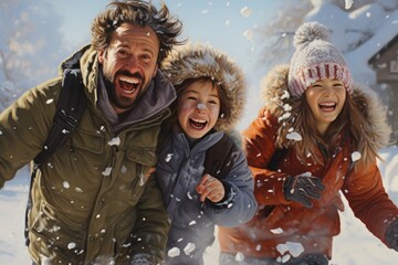 father and children in the snow in winter having fun and playing snow balls , AI Generated - obrazy, fototapety, plakaty