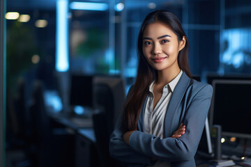 Portrait of Beautiful Asian Manager Using Desktop Computer Night light, Corporate Office, Analysing Statistics, Commerce Data, Marketing Plans.