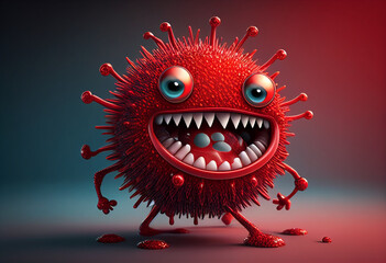 Red cartoon virus character with eyes and mouth. 3d illustration. generative ai