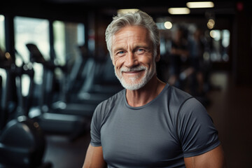 Ageless muscular fit old man with grey hair energetic in the gym during workouts in front of treadmills, smiling healthy, and happy