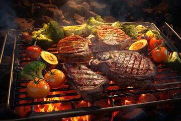 Photo realistic picture of a charcoal grill, with steaks being grilled, with vegetable garnish, Generative AI
