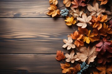 Simple fall mockup background with fallen leaves on wood