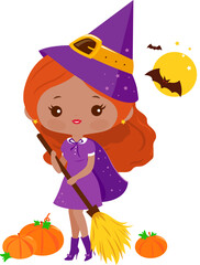 Beautiful Halloween witch with magical broom and pumpkins. Vector illustration