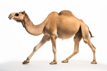 a camel walking on a white surface with a white background