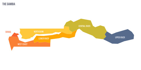 The Gambia political map of administrative divisions - regions and city of Banjul. Colorful spectrum political map with labels and country name.