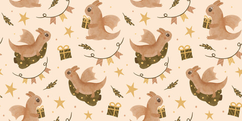Seamless dragon pattern New Year 2024 watercolor style, Christmas tree and dragon pattern for textile, stationery and packaging, dinosaur pattern with Christmas tree branches, pennants, stars and gift