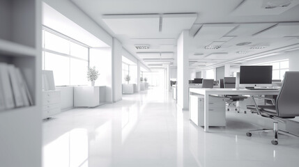 Naklejka na ściany i meble Blur focus of White open space office interior, background modren office Day light